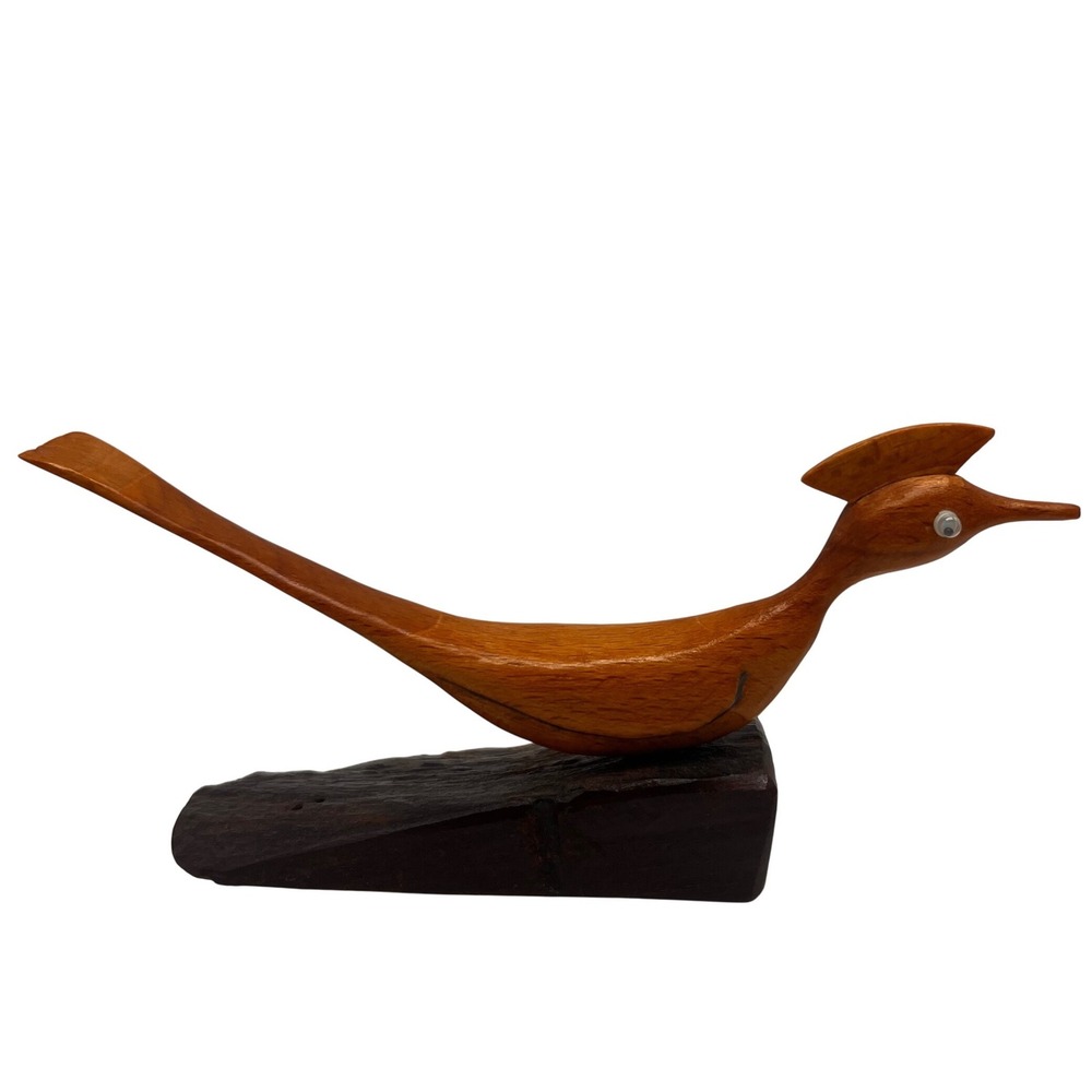 Vtg Wooden Roadrunner‎ Dark wood base Lighter wood Bird Figurine Hand Carved 7"